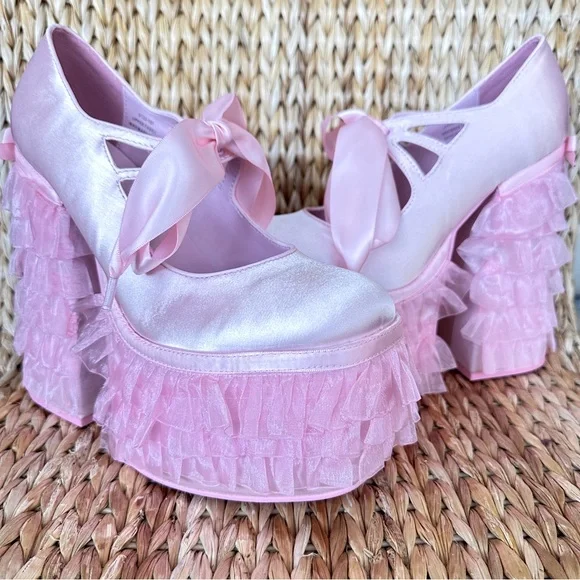 New in box Dolls Kill x SugarThrillz Pink Satin Ruffle Platform Heels - Picture 1 of 10